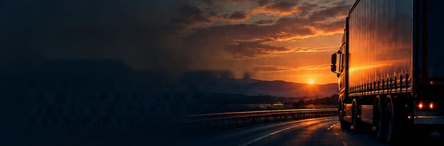 Sunkvežimis greitkelyje saulėlydžio metu