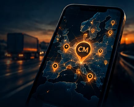 Išmanusis telefonas su Europos žemėlapiu ir ConvoyMeet žyma