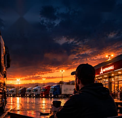 Ein Fahrer mit Kaffee blickt bei Sonnenuntergang auf einen Lkw-Rastplatz